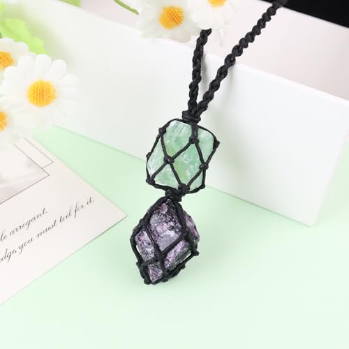 Anjiucc Handmade Crystal Cage Holder with Raw Gemstone Pendant Necklace Natural Stone Healing Crystal Necklace Adjustable Length - color: Purple Fluorite+Green Fluorite