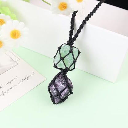 Anjiucc Handmade Crystal Cage Holder with Raw Gemstone Pendant Necklace Natural Stone Healing Crystal Necklace Adjustable Length - color: Purple Fluorite+Green Fluorite