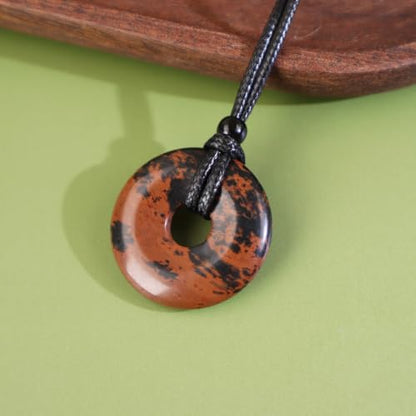 FANASY Natural Gemstone Pendant Necklce Lucky Coin Crystal Necklace Protection Donut Pendnat with Adjustable Rope for Men Women - color: Golden Swan Stone