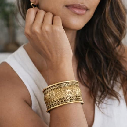 Touchstone Indian Bollywood Desire Brass Base Exotic Workmanship Free Size Cuff Bracelet in Antique Gold Or White Or Copper Tone for Women. - style: D059 Antique Gold 4