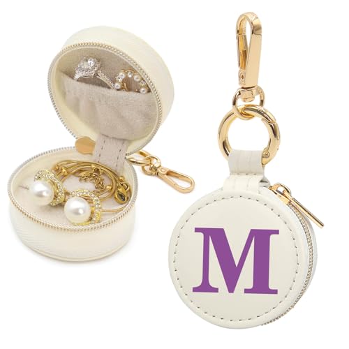 Mini Initial Travel Jewelry Case Ring Holder, Beige Faux Leather Small Jewelry Organizer Box Gifts for Women Girls Nurse Teacher, Gym Travel Accessories Keychain Pouch for Earrings Rings Necklace M - color: Beige, size: Leather-M