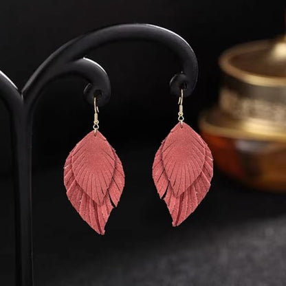 Handmade Bohemian Large Soft Genuine Leather Fringe Double Feather Dangle Drop Earrings Lightweight Simple Color PU Leaf Hook Earrings for Women - color: Meat Pink