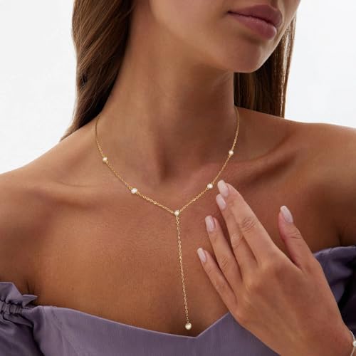 Gold Necklace for Women, Dainty Long Necklace 14k Gold Plated Lariat Long Necklaces for Women Trendy Simple Statement Drop Necklace Fashion Body Chain Prom Jewelry Gold Accessories - color: 7-Gold