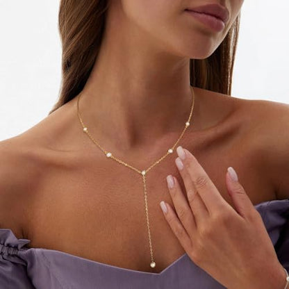 Gold Necklace for Women, Dainty Long Necklace 14k Gold Plated Lariat Long Necklaces for Women Trendy Simple Statement Drop Necklace Fashion Body Chain Prom Jewelry Gold Accessories - color: 7-Gold