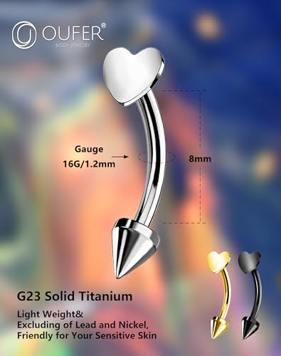 OUFER Rook Piercing Jewelry, G23 Solid Titanium Eyebrow Rings, Heart Vertical Labret Lip Jewelry, 16G Curved Barbells, Daith Rook Earrings for Women Men - color: Gold Black Silver Heart, size: 16G 8mm