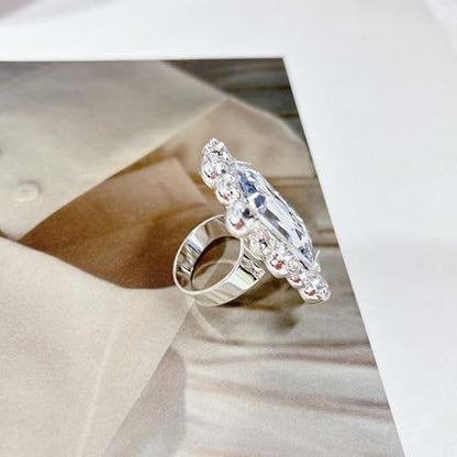 Silver Rectangle Rhinestone Statement Ring for Women Luxury Fashion Exaggerated Large Thick Chunky Geometric Crystal Finger Knuckle Band Wrap Open Adjustable Rings Wedding Cocktail Prom Party Jewelry Gift - color: Silver