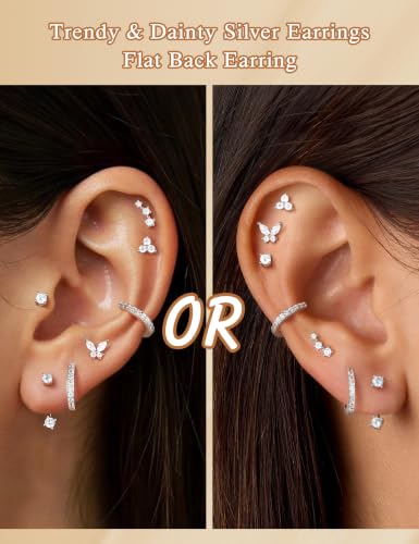 M MOOHAM Hypoallergenic Earring Jacket Stacks - 7 Pairs 14K Gold Plated Flat Back Earrings Dainty Huggie Hoop Cartilage Helix Earring Jacket, Fashion Accessories Western Jewelry Gifts - color: Silver