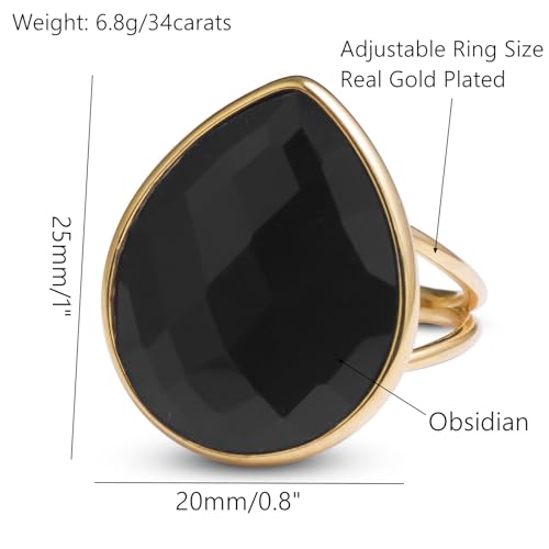 Crystal Ring for Women, Natural Rose Quartz Green Fluorite Ring for Her, Teardrop Shape Gemstone Ring, Handmade rose quartz Jewelry Adjustable Ring. - color: Obsidian