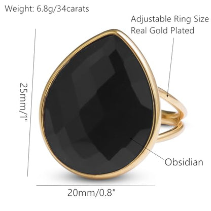 Crystal Ring for Women, Natural Rose Quartz Green Fluorite Ring for Her, Teardrop Shape Gemstone Ring, Handmade rose quartz Jewelry Adjustable Ring. - color: Obsidian