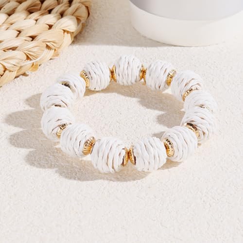 Coiris Rattan Raffia Woven Adjustable Boho Bracelet for Women | Handmade Bracelets Stretch Bracelet - color: White