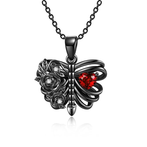 Halloween Necklace 925 Sterling Silver Black Rose Rib Cage Heart Pendant Necklace Halloween Jewelry Gifts for Women Gothic Party - style: Cage Heart