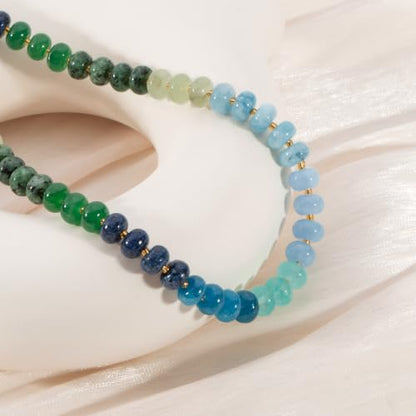 Aobei Pearl 18K Gold Plated Paperclip Chain Choker Satellite Chain Freshwater Cultured Biwa Pearl Pendant Necklace Dainty Turquoise Jewelry for Women - color: Multi-colors (Green Blue)