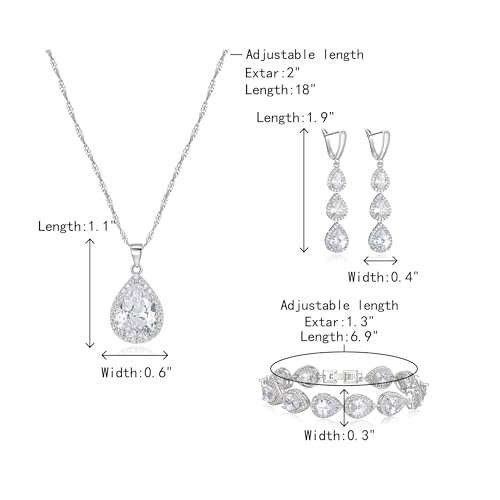 Crysdue Cubic Zirconia Teardrop Pendant Necklace Long Earrings Tennis Bracelet Set, Sparkle Classic Prom Wedding Jewelry Set for Women Brides Bridesmaid