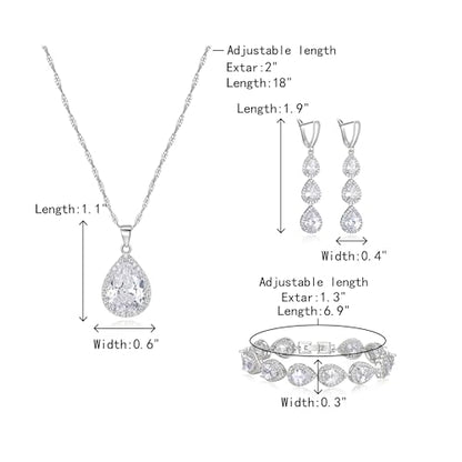Crysdue Cubic Zirconia Teardrop Pendant Necklace Long Earrings Tennis Bracelet Set, Sparkle Classic Prom Wedding Jewelry Set for Women Brides Bridesmaid