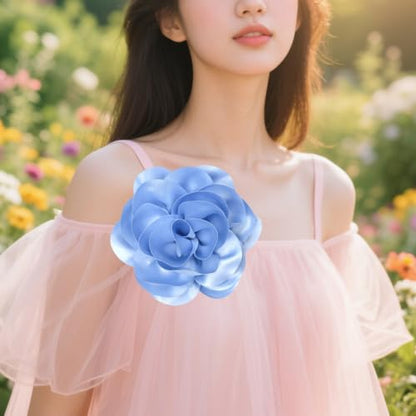 Large Rose Flower Brooches Chiffon Camellia Brooch Lapel Pins Hair Clips Hat Pins for Women Wedding Banquet Accessories Large Satin Flowers 5.5in - color: Blue 1