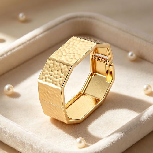 AsAlways 14K Gold Plated Hammered Cuff Bracelet for Women Wide Textured Open Cuff Bangle Statement Gold Chunky Bracelet Jewelry Gift - color: Hexagonal Gold