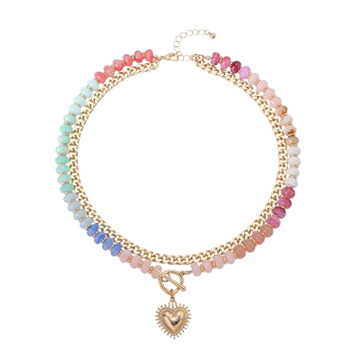 Dopamine Necklace UV Reactive Colorful Rainbow Beaded Necklace Dopamine Jewelry Set Color Changing Mood Necklaces Bracelet Earrings Summer Beach Vacation Gift for Women - color: A8:Layered colorful bead heart