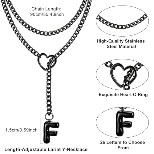 Black Heart Slip Chain Initial Necklaces for Women, Stainless Steel Wrap Choker Necklace, Gothic O-Ring Adjustable Lariat Y Necklaces, Punk Cuban Collar Choker Necklace, Halloween Jewelry Gift - color: Black F