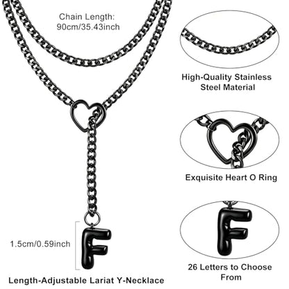 Black Heart Slip Chain Initial Necklaces for Women, Stainless Steel Wrap Choker Necklace, Gothic O-Ring Adjustable Lariat Y Necklaces, Punk Cuban Collar Choker Necklace, Halloween Jewelry Gift - color: Black F