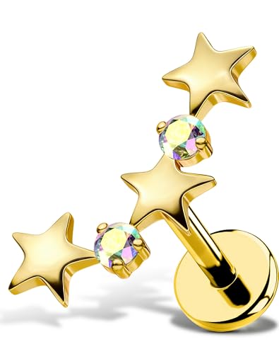 OUFER Body Piercing Star Helix Piercing Jewelry 18G Helix Earrings for Women 318L Stainless Steel Internally Thread Conch Helix Stud Flat Back Cartilage Earring for Women - color: Gold-AB CZ, size: 1.0*6mm