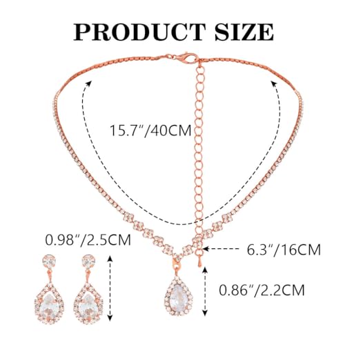 JAKAWIN Silver Rhinestone Jewelry Set Wedding Necklace Earrings for Women - color: C Rose Gold