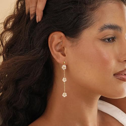 Moodear Pearl Earrings for Women, 14K Gold Plated Drop Earrings Jewelry | Lightweight Hypoallergenic Pearl Drop Dangle Earrings, Wedding Jewelry Gift, Dainty Design, Daily Wear & Special Occasions - style: flower drop earrings