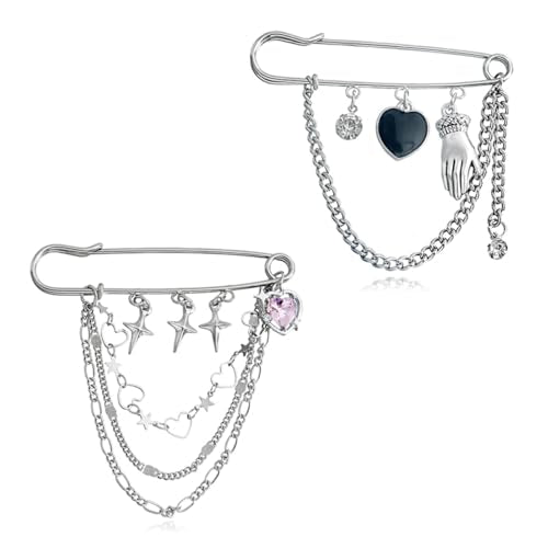 2 Pcs Chain Tassel Brooch Pins Set for Women Rhinestone Heart Flower Star Long Chain Bling Crystal Pearl Sweater Shawl Clips Punk Collar Chain Brooch Costume Jewelry - style: Style C