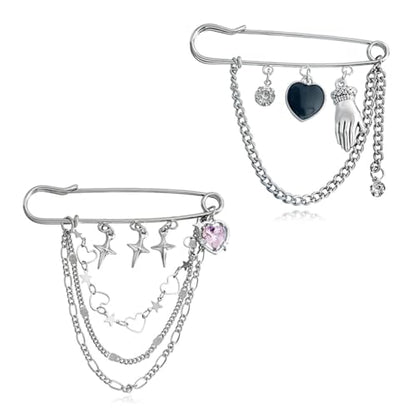 2 Pcs Chain Tassel Brooch Pins Set for Women Rhinestone Heart Flower Star Long Chain Bling Crystal Pearl Sweater Shawl Clips Punk Collar Chain Brooch Costume Jewelry - style: Style C