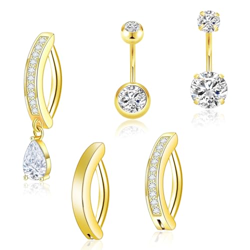 5 Pcs Gold Belly Button Ring, Stainless Steel Dangle Belly Button Piercing, Hypoallergenic Body Dainty Dangling Navel Piercing Jewelry for Women, Cute Small Short Navel Piercings Rings