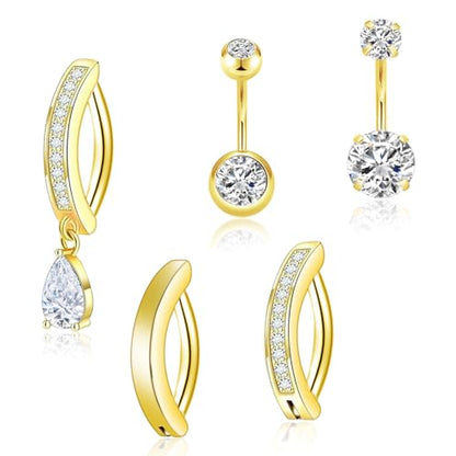 5 Pcs Gold Belly Button Ring, Stainless Steel Dangle Belly Button Piercing, Hypoallergenic Body Dainty Dangling Navel Piercing Jewelry for Women, Cute Small Short Navel Piercings Rings
