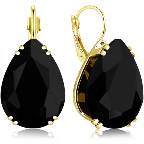 14K Gold Teardrop Crystal Leverback Earrings Sparkly Rhinestone Water Droplet Dangle Drop Earrings For Women - color: Black
