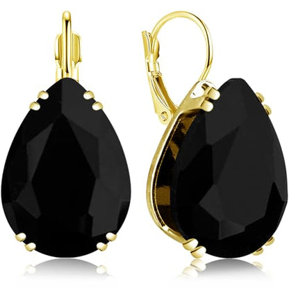 14K Gold Teardrop Crystal Leverback Earrings Sparkly Rhinestone Water Droplet Dangle Drop Earrings For Women - color: Black