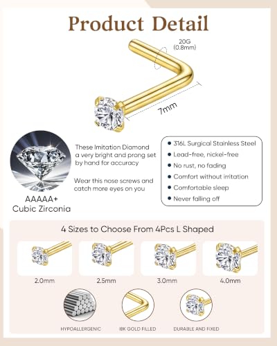 8Pcs 20G Gold/Silver 316L Surgical Stainless Steel L Shaped Corkscrew Nose Studs earrings, Hypoallergenic Nickel Free Tiny Clear Cubic Zirconia Nose Piercing Jewelry 2mm‑4mm,cartilage piercings, Minimalist Dainty Body Piercing Accessories for Sensitive Sk