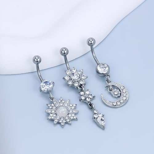 Vsnnsns 14G Dangle Belly Button Ring Piercing Jewelry 316L Stainless Surgical Steel Navel Rings Cubic Zirconia Heart Flower CZ Dangling Belly Button Ring Piercing Jewelry for Women 14 Gauge - color: Silver Tone B