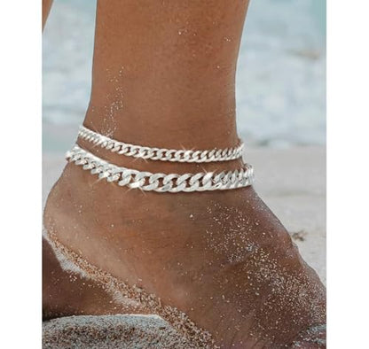 Ankle Bracelets For Women Waterproof Adjustable Ankles 18KGold Plated Dainty Trendy Layered Cuban Link Chain Anklets Set Beach Jewelry - color: silver