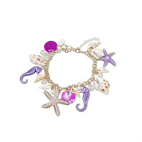 Spiritrain Handmade Starfish Seashell Pearl Bracelets for Women Gold Plated Bohemian Charm Sea Shell Couch Beads Adjustable Chain Anklet Bracelets Hawaiian Beach Holiday Mermaid Costume Jewelry Gifts - color: Purple