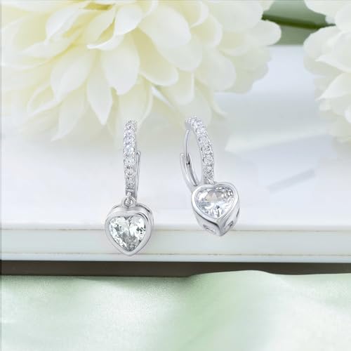 Heart Hoop Earrings with Dangle Sterling Silver Love Heart-Shaped Loop Earrings for Women Hypoallergenic Sparkle Birthstone Cubic Zirconia Hoop Earring with Dangling Charms Dainty Fashion Jewelry Gift - color: Silver