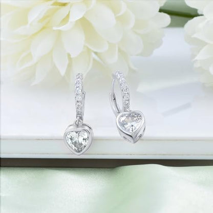 Heart Hoop Earrings with Dangle Sterling Silver Love Heart-Shaped Loop Earrings for Women Hypoallergenic Sparkle Birthstone Cubic Zirconia Hoop Earring with Dangling Charms Dainty Fashion Jewelry Gift - color: Silver