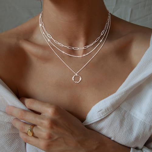 CHESKY Layered Silver Necklace for Women Trendy,Dainty Silver Plated Stackable Charm Necklace Layering Paperclip Tennis Rope Chain CZ Pendant Jewelry Set Gifts - style: paperclip