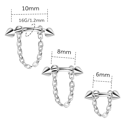 3 Pcs 316L Stainless Steel 16G Tragus Helix Rook Piercing Jewelry with Chain, Cartilage Earrings for Women, Belly Button Ring Vertical Labret Lip Piercing Jewelry - color: Silver, size: Cone