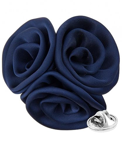 Premium Trio Cluster Flower Lapel Pin - Formal Boutonniere for Men, Flower Brooch Pin - color: Navy