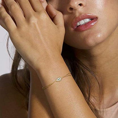 Dainty Gold Bracelets for Women, 14K Gold Plated Adjustable Layered Beads Bracelet Cute Evil Eye Oval Chain Pearl Bar Turtle Gold Bracelets for Women Jewelry - style: CZ Evil Eye
