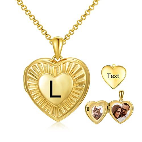 SOULMEET 10K 14K 18K Solid Yellow Gold/Plated Gold Locket Radiation Initial Heart Locket Necklace that Holds Pictures Personalized Photo Locket Necklace Alphabet A-Z - style: L-locket+photo+text