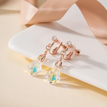 Austrian Crystal Baroque Drop Clip On Dangle Earrings for Women Non Pierced 14K Rose Gold Plated Hypoallergenic Jewelry - color: Aurora Borealis