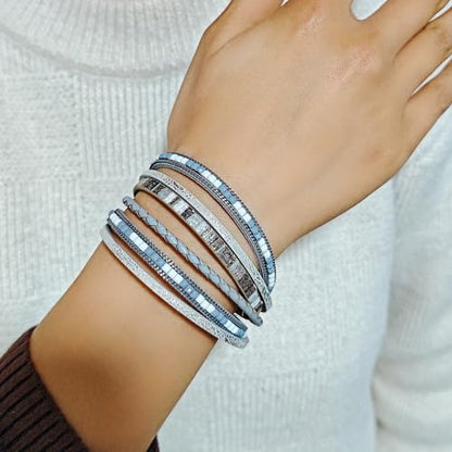 ZMANYIJEW Leather Wrap Bracelets for Women,Boho Cuff Bracelets Multi-Layer Crystal Beads Cuff Bracelet Multilayered Leopard Leather Braided Bangle Wrist Cuff Bangles - style: grey