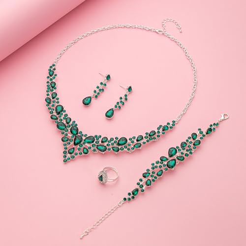 Paxuan Crystal Bridal Wedding Jewelry Sets for Women Rhinestone Teardrop Crystal Statement Choker Necklace Drop Earrings Link Bracelets Rings Teardrop Jewelry Set for Brides Bridesmaids - color: Silver Plated Emerald Green Crystal