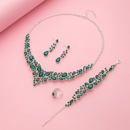Paxuan Crystal Bridal Wedding Jewelry Sets for Women Rhinestone Teardrop Crystal Statement Choker Necklace Drop Earrings Link Bracelets Rings Teardrop Jewelry Set for Brides Bridesmaids - color: Silver Plated Emerald Green Crystal