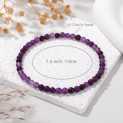 Crystal Beaded Bracelets for Women 4mm Clear Quartz Bead Handmade Gemstone Stretch Elastic Bracelet Natural Stone Crystal Healing Reiki Spiritual Jewelry Gifts - color: Amethyst, size: 4mm