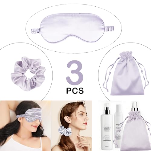 3Pcs Satin Eye Mask Silk Sleep Masks Set Silky Blindfold Eyeshade Blackout Eyes Cover Pouches Bag Scrunchy Wedding Gift-Color: Light Grey - color: Light Grey