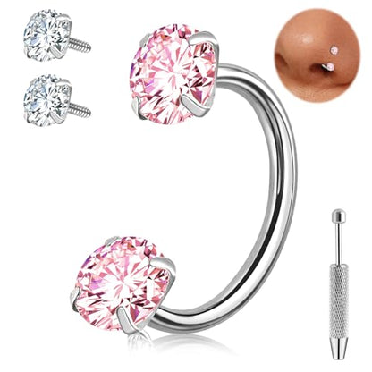 ONESING 9-40 Pcs Nose Rings - Hoops, Studs & L Shape - Hypoallergenic Stainless Steel Nose Piercings for Women & Men - color: 20G-Pink CZ -Silver